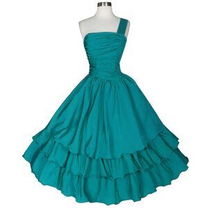 Vintage 80s 50s Green Blue Teal 1 Shoulder Full Ruffle Skirt Prom Party Dress S